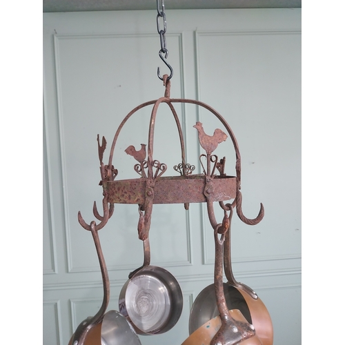 55 - 19th. C. wrought iron pot rack decorated with cockerels. { 32cm H X 34cm Dia }.