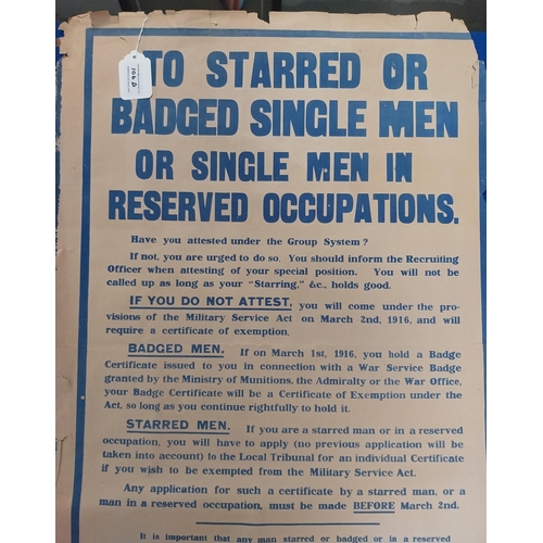 Original WWI recruitment poster - To Starred or Badged Single Men or ...