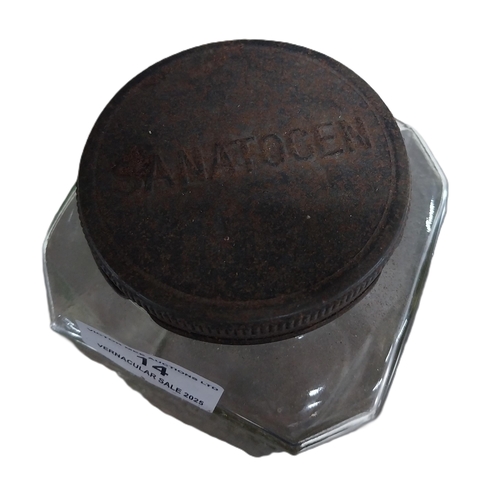 14 - 1930's Sanatogen glass advertising jar. {20 cm H x 11 cm Dia.}.