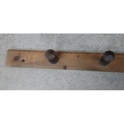 28 - 19th C. pine and mahogany wall hanging coat rack. {8 cm H x 138 cm W}.