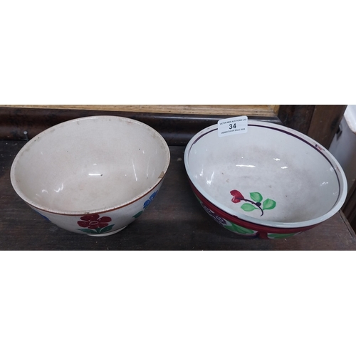 34 - Brushware and spongeware bowl and another spongeware bowl decorated with flowers. {8 cm H x 14 cm Di... 