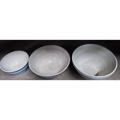 37 - Three blue striped ceramic bowls - Two pudding bowls {11 cm H x 18 cm Dia. And 10 cm H x 18 cm Dia.}... 