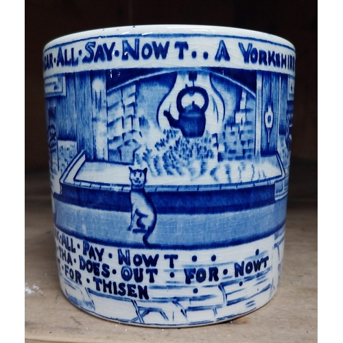 43 - 19th C. blue and white Crown Devon mug See All Hear All Yorkshire Man's Advice to Son. {10 cm H x 14... 