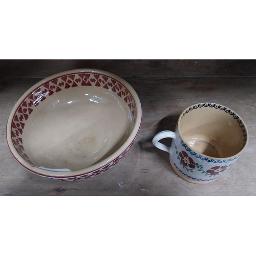 49 - Early Nicholas Mosse spongeware mug and bowl. {7 cm H x 10 cm W x 8 cm D and 8 cm H x 15 cm Dia.}