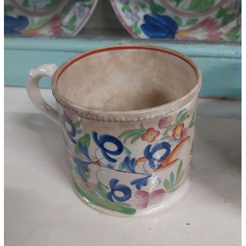 4A - 19th C. spongeware porridge bowl {8 cm H x 13 cm Dia.} and early 20th C. transferware mug with folia... 