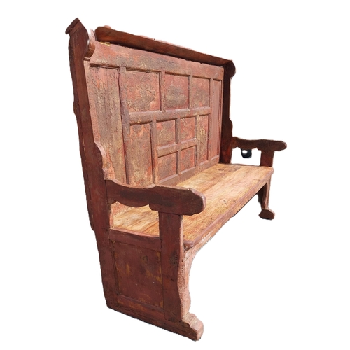50 - 19th C. pine settle seat with inset panelled back from South of Ireland with original paint. {135 cm... 