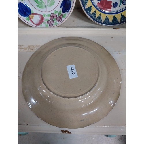 7 - 19th C. spongeware plate decorated with daisies. {3 cm H x 25 cm Dia.}.