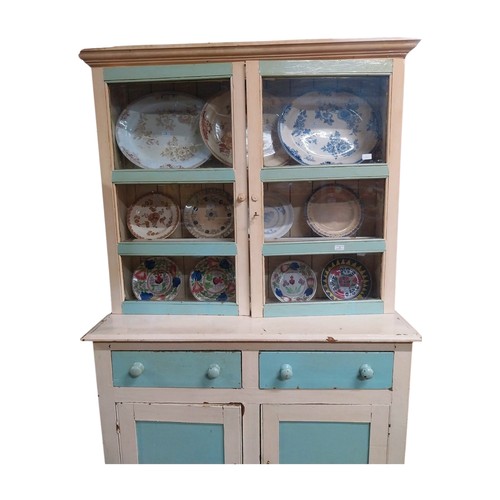 2 - Early 20th C. painted pine West of Ireland dresser with two glazed doors over two short drawers over... 