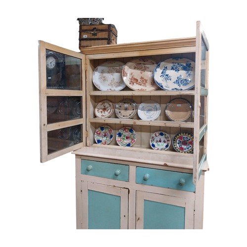 2 - Early 20th C. painted pine West of Ireland dresser with two glazed doors over two short drawers over... 