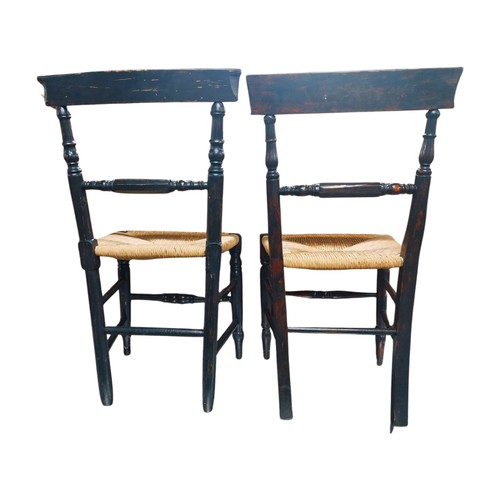 11 - Pair of Victorian painted beech chairs with rush seats. {86 cm H x 34 cm W x 38 cm D}.