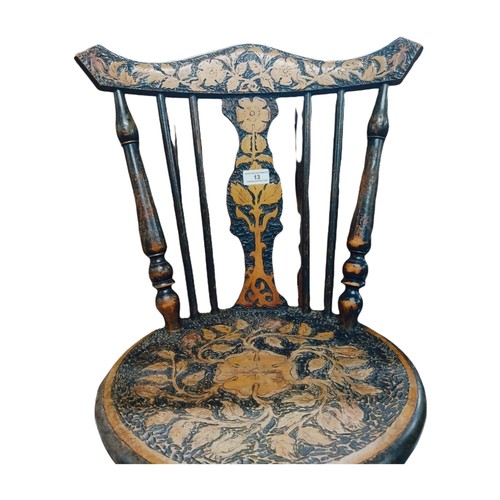 13 - Victorian beech pokerwork chair. {75 cm H x 34 cm W x 39 cm D}.