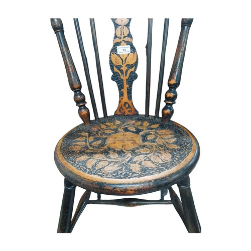13 - Victorian beech pokerwork chair. {75 cm H x 34 cm W x 39 cm D}.