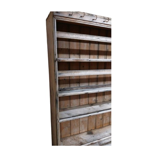 30 - Victorian stripped pine dresser with three shelves over two short drawers and two panelled doors on ... 