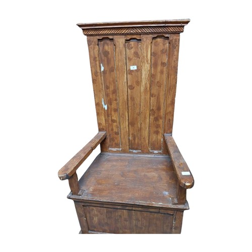 40 - Scumbled pine high back chair on four square feet. {146 cm H x 69 cm W x 48 cm D}.