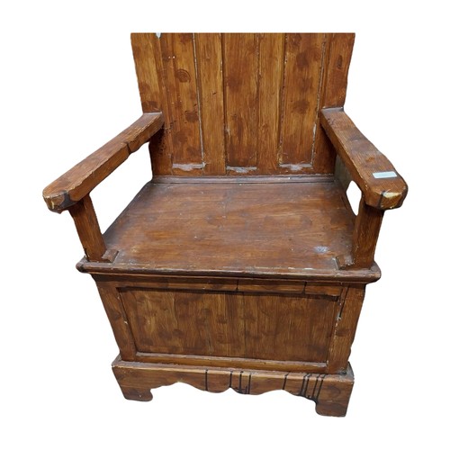 40 - Scumbled pine high back chair on four square feet. {146 cm H x 69 cm W x 48 cm D}.