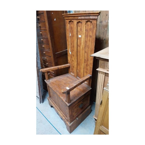 40 - Scumbled pine high back chair on four square feet. {146 cm H x 69 cm W x 48 cm D}.