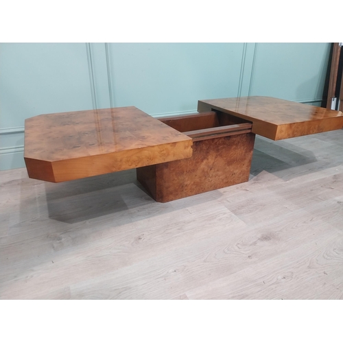 1 - 1970's burr walnut Hollywood Regency coffee table with hidden bar. {39 cm H x 120 cm W x 70 cm D}.