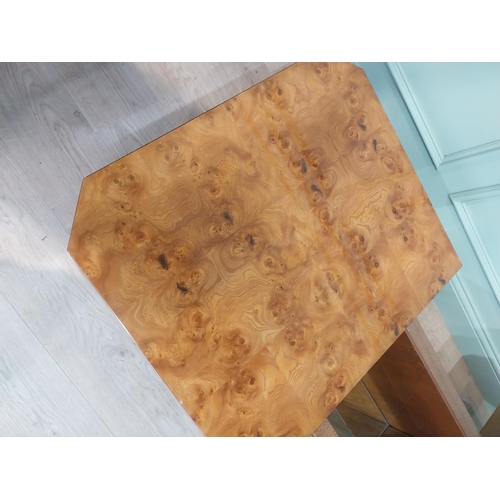 1 - 1970's burr walnut Hollywood Regency coffee table with hidden bar. {39 cm H x 120 cm W x 70 cm D}.