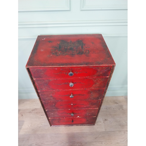 13 - Oriental lacquered and gilt chest of six drawers. [111 cm H x 61 cm W x 46 cm D}.