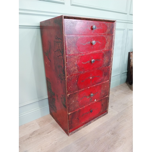 13 - Oriental lacquered and gilt chest of six drawers. [111 cm H x 61 cm W x 46 cm D}.