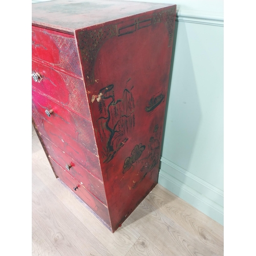 13 - Oriental lacquered and gilt chest of six drawers. [111 cm H x 61 cm W x 46 cm D}.