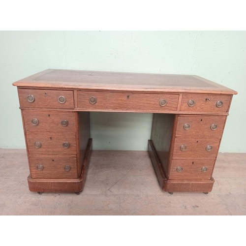 39 - 19th C. oak pedestal desk with tooled tan leather top {H 74cm x W 118cm x D 60cm } NOT AVAILABLE TO ... 