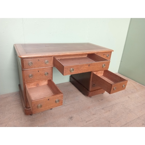 39 - 19th C. oak pedestal desk with tooled tan leather top {H 74cm x W 118cm x D 60cm } NOT AVAILABLE TO ... 