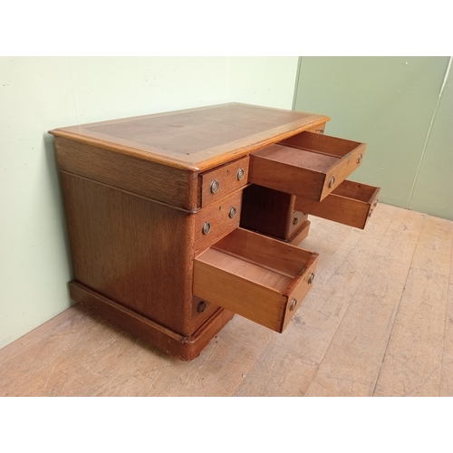 39 - 19th C. oak pedestal desk with tooled tan leather top {H 74cm x W 118cm x D 60cm } NOT AVAILABLE TO ... 