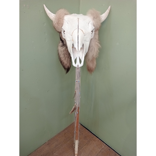 54 - Totem staff stick decorated with skull and fur.  NOT AVAILABLE TO VIEW IN PERSON