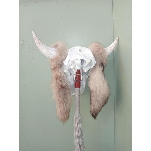 54 - Totem staff stick decorated with skull and fur.  NOT AVAILABLE TO VIEW IN PERSON