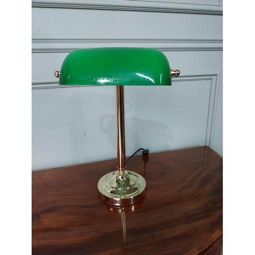 55 - Good quality brass Banker's lamp with green glass shade. {40 cm H x 28 cm W x 25 cm D}.