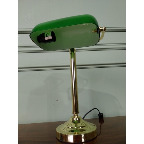 55 - Good quality brass Banker's lamp with green glass shade. {40 cm H x 28 cm W x 25 cm D}.