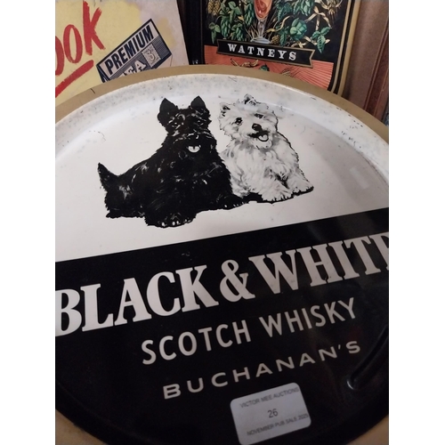 26 - Early 20th C. Black and White Scotch Whiskey tin plate advertising drinks tray. {32 cm Dia.}.