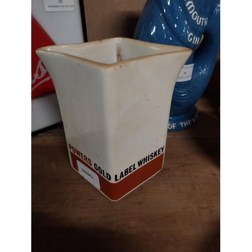 42 - Power's Gold Label Irish Whiskey ceramic water jug by Arklow pottery. {14 cm H x 13 cm W x 10 cm D}.