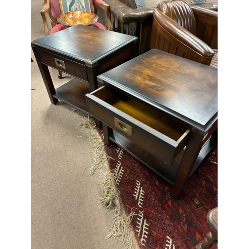 55A - Pair of bedside tables with single drawer in the frieze, raised on square legs, in the campaign mann... 