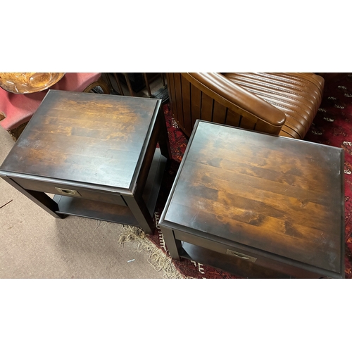 55A - Pair of bedside tables with single drawer in the frieze, raised on square legs, in the campaign mann... 