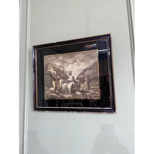 671 - Pair of 19th C. Cottage scenes coloured engravings mounted in gilt and ebonised frames {61 cm H x 73... 
