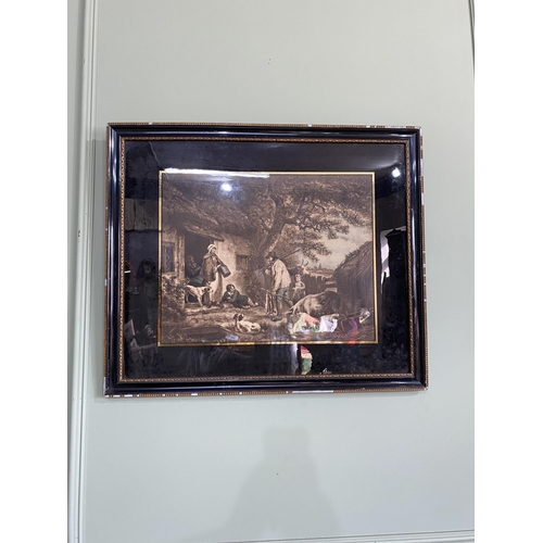 671 - Pair of 19th C. Cottage scenes coloured engravings mounted in gilt and ebonised frames {61 cm H x 73... 
