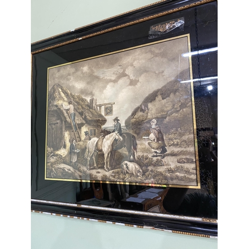 671 - Pair of 19th C. Cottage scenes coloured engravings mounted in gilt and ebonised frames {61 cm H x 73... 