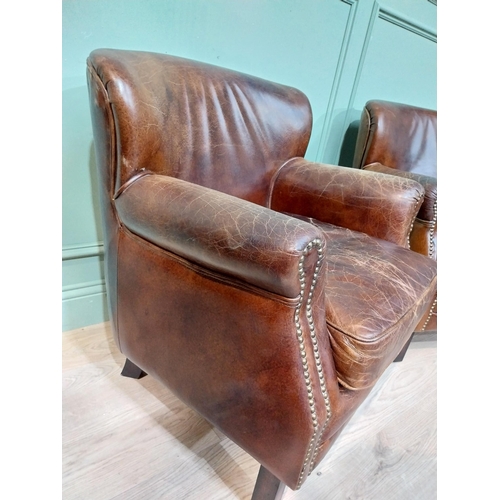 12 - Pair of hand dyed cigar leather tub chairs square tapered legs. {77 cm H x 71 cm W x 70 cm D}.