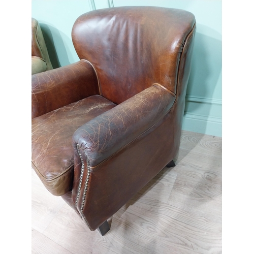 12 - Pair of hand dyed cigar leather tub chairs square tapered legs. {77 cm H x 71 cm W x 70 cm D}.
