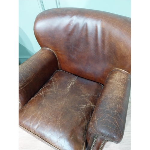 12 - Pair of hand dyed cigar leather tub chairs square tapered legs. {77 cm H x 71 cm W x 70 cm D}.