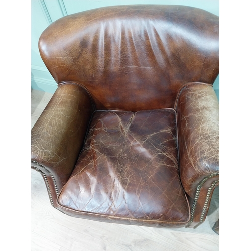 12 - Pair of hand dyed cigar leather tub chairs square tapered legs. {77 cm H x 71 cm W x 70 cm D}.