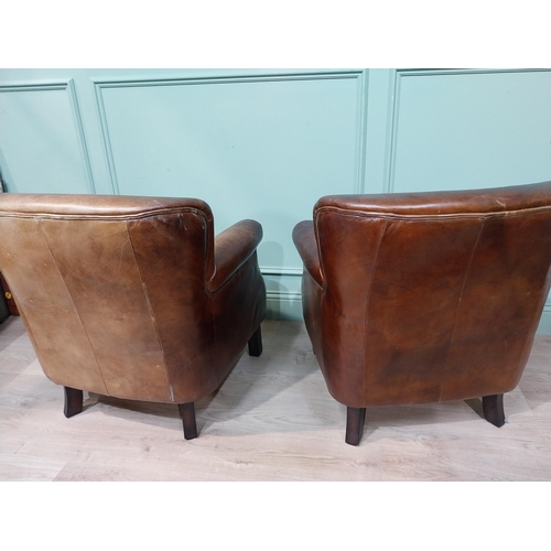 12 - Pair of hand dyed cigar leather tub chairs square tapered legs. {77 cm H x 71 cm W x 70 cm D}.