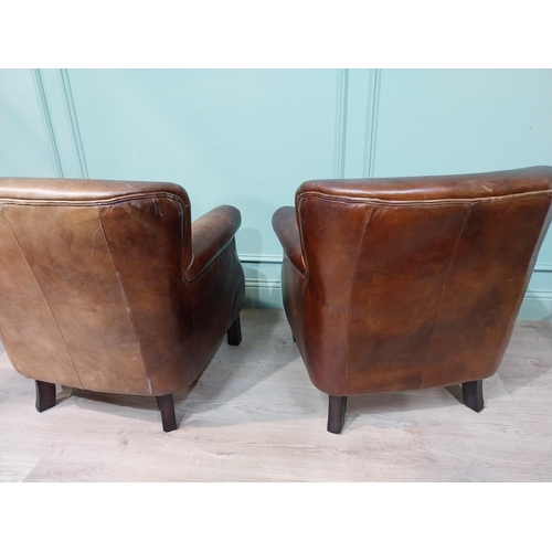 12 - Pair of hand dyed cigar leather tub chairs square tapered legs. {77 cm H x 71 cm W x 70 cm D}.