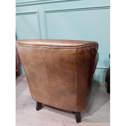 12 - Pair of hand dyed cigar leather tub chairs square tapered legs. {77 cm H x 71 cm W x 70 cm D}.