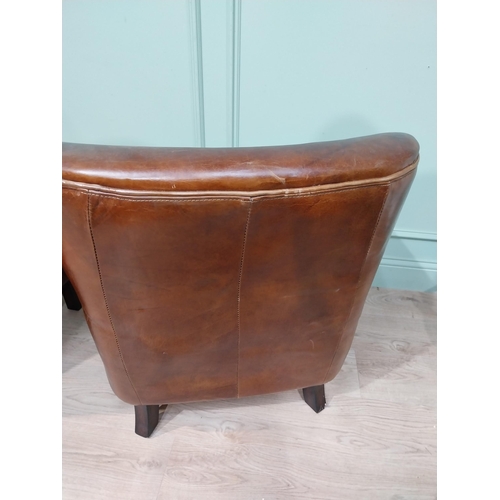 12 - Pair of hand dyed cigar leather tub chairs square tapered legs. {77 cm H x 71 cm W x 70 cm D}.