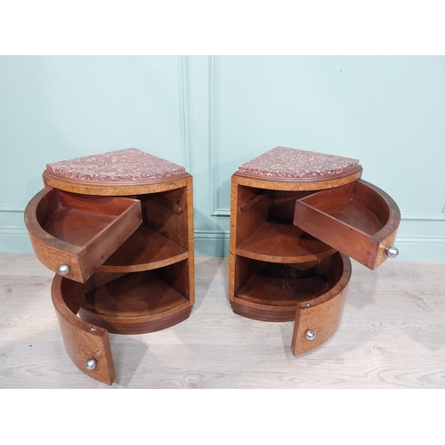 23 - Pair of good quality Art Deco burr walnut bedside lockers with marble tops. {64 cm H x 32 cm W x 34 ... 