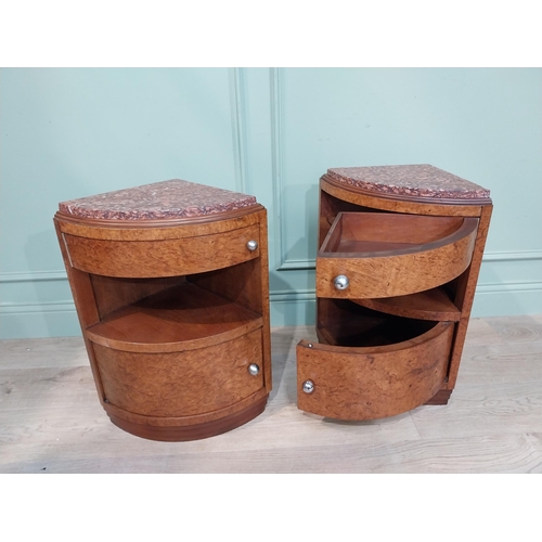 23 - Pair of good quality Art Deco burr walnut bedside lockers with marble tops. {64 cm H x 32 cm W x 34 ... 