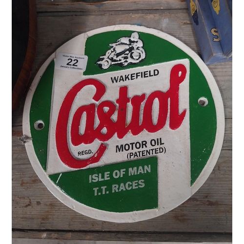22 - Cast iron Castrol Motor Oil advertising plaque. {23 cm Dia.}.